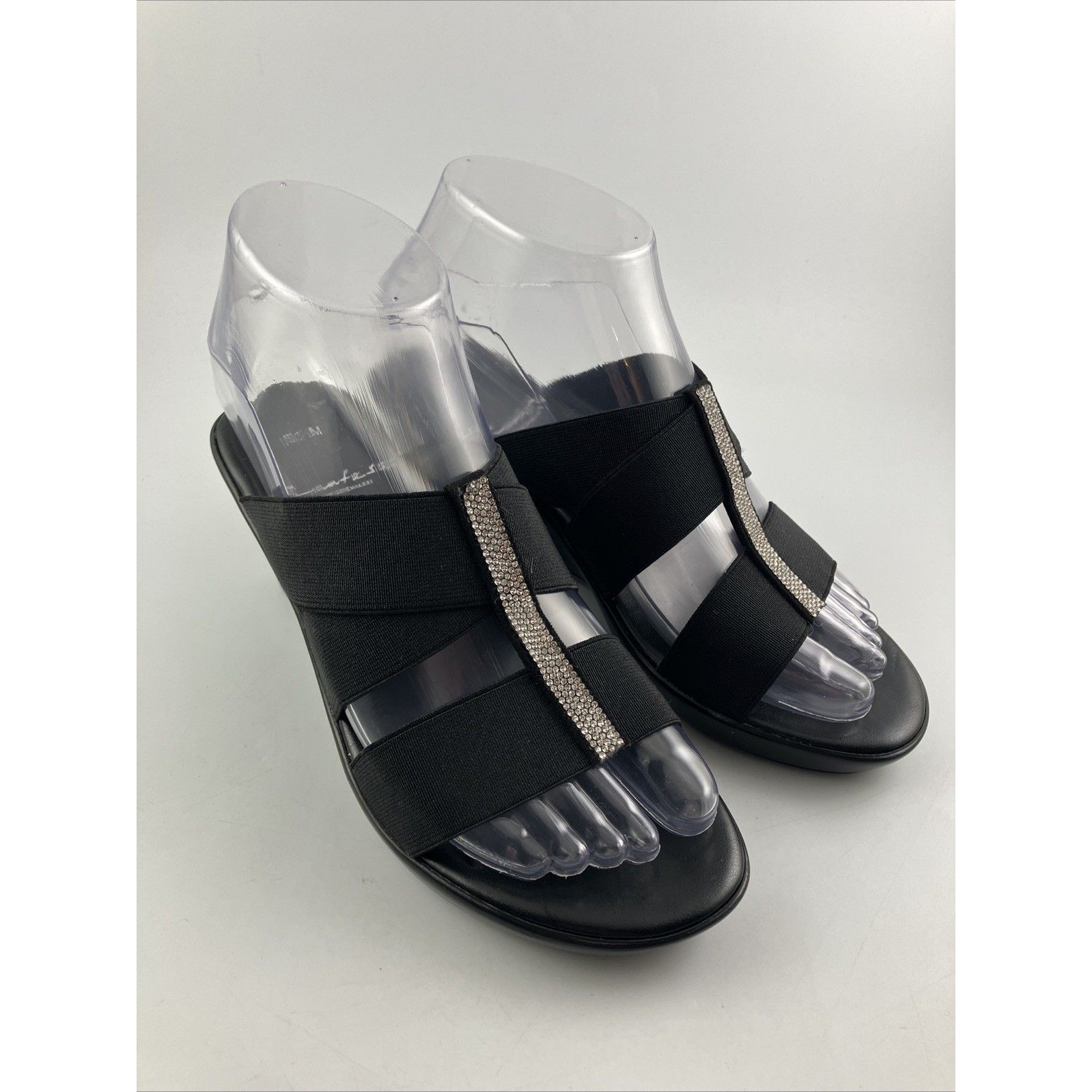 Comtesa Italian Shoemakers Wedges Sandals Black Leather Rhinestones Sz 5.5m